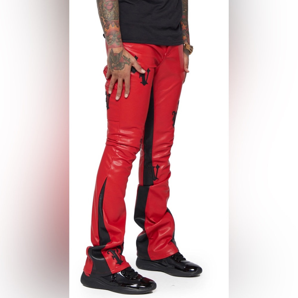 NWT MEN’S VALABASAS STACKED "ALI" RED BLACK LEATHER PANTS SIZE 30 - Picture 6 of 13
